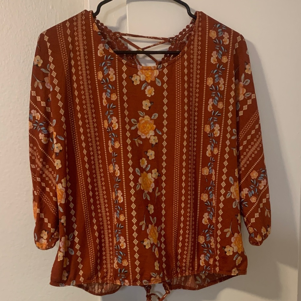 Women’s Rust Floral Lace-Up Boho Top - Picture 3 of 6